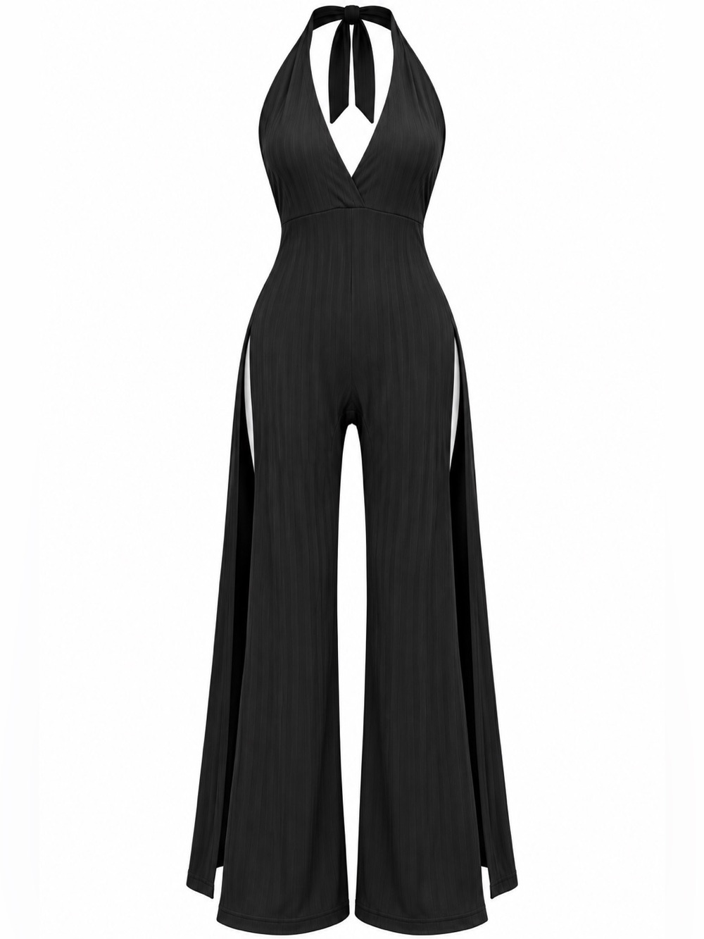 Black Ribbed Halter Wide-Leg Jumpsuit with Side Slits
